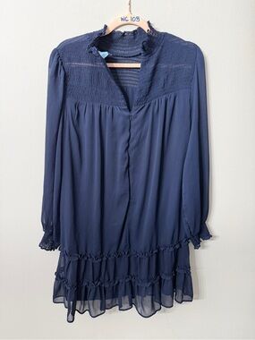 Women’s CeCe XL Navy Smocked Ruffle Long Sleeve Blouse